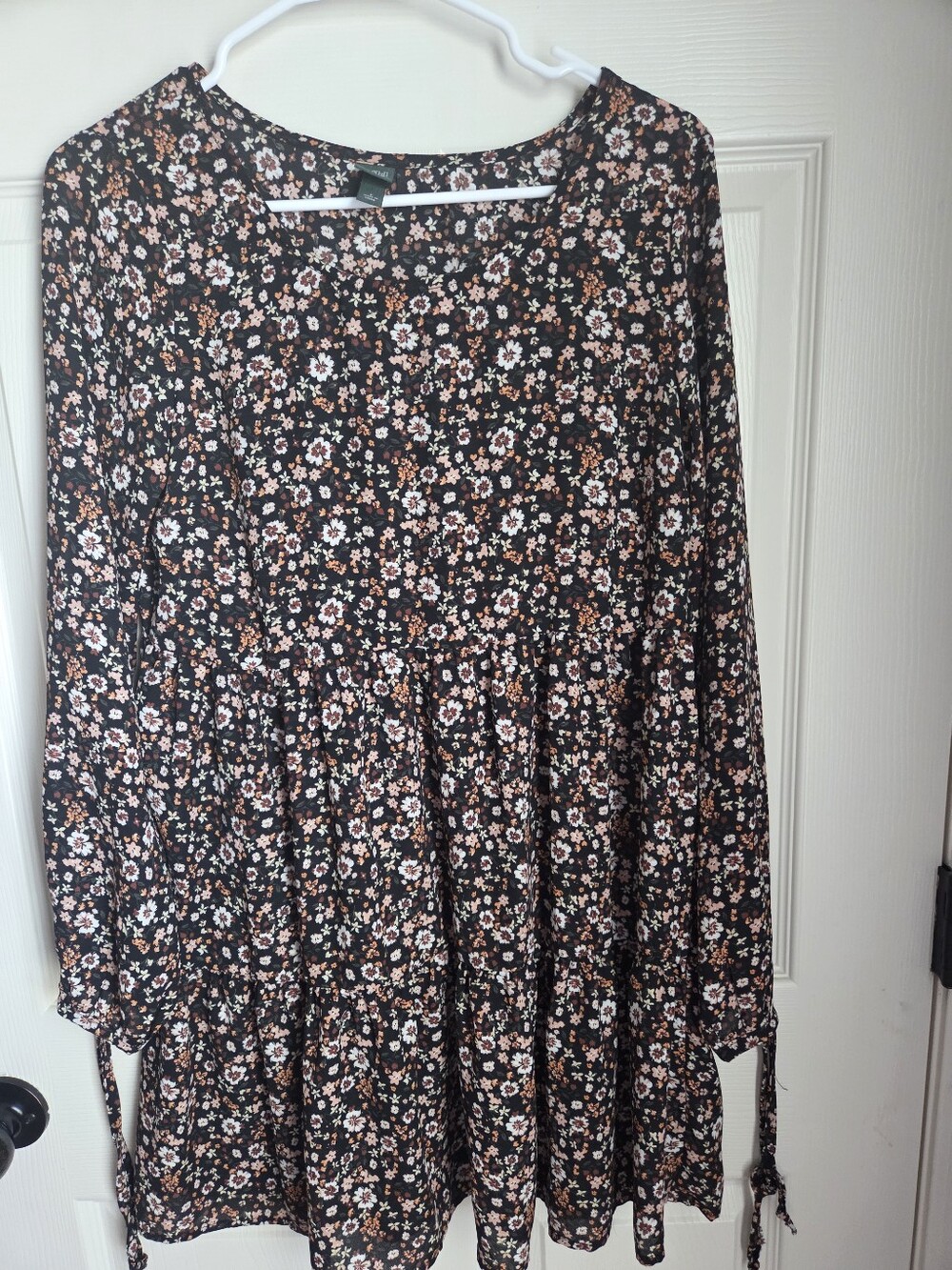 wild fable Black Floral Tiered A-Line Fall  Dress with Brown and Cream Accents